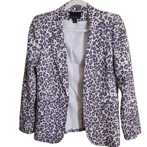 Cynthia Rowley Linen Blend Snow Leopard Print Open Front Blazer Size M